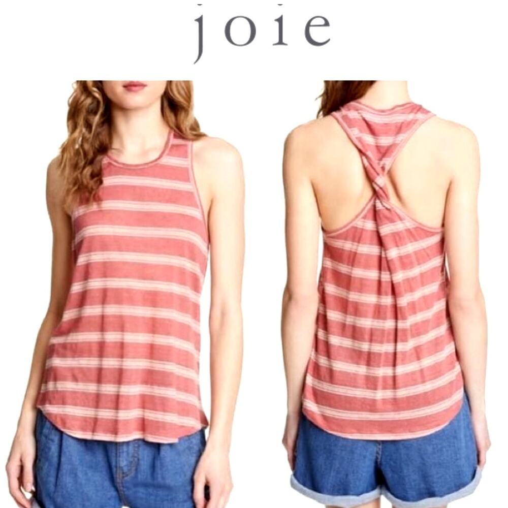 Joie Coastal Rayson Beige Tropic Red Striped Linen Twisted Racerback Tank Top XS